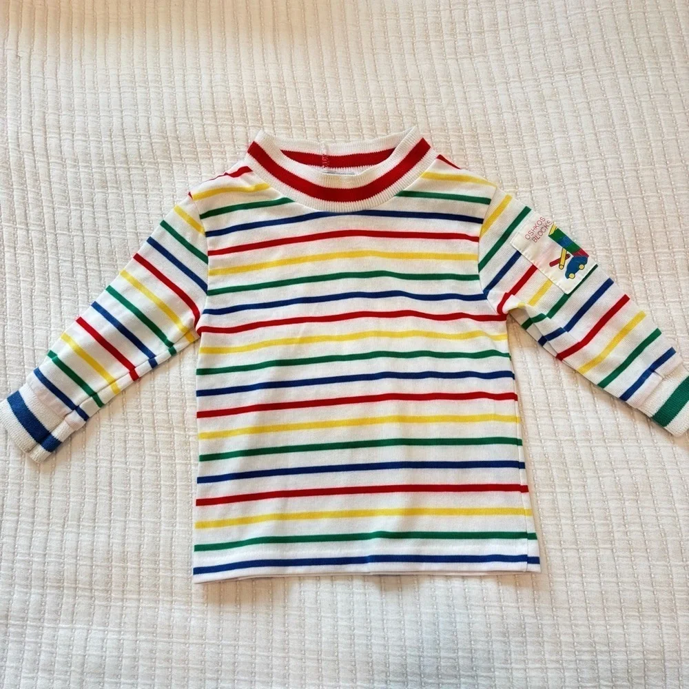 OshKosh B'Gosh Vintage 80's Rainbow Striped Mock Neck 18 mos Shirt Red Overalls